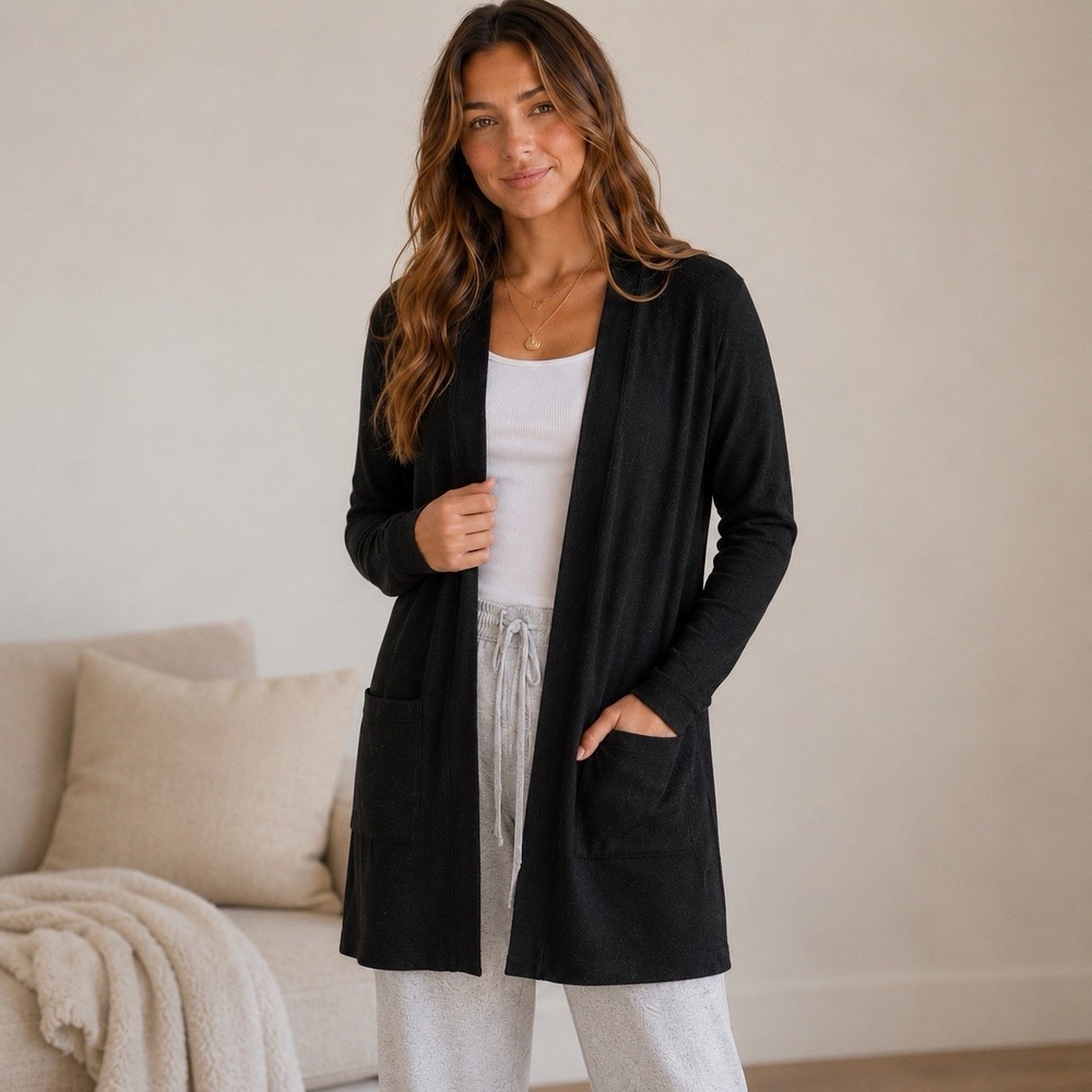 Barefoot Dreams Womens Small Black CozyChic Lite Open Cardigan Sweater Pockets